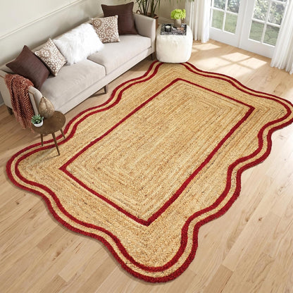 Natural Jute Area Rug with red scalloped border, ideal for living room or entryway floor carpet.