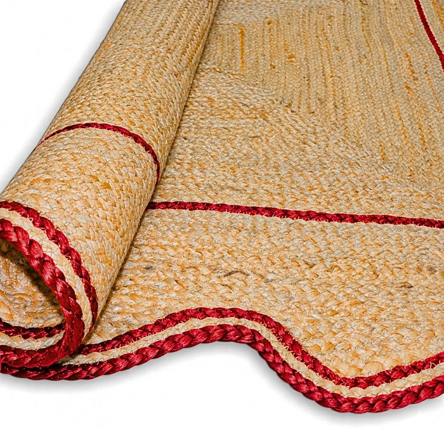 Natural Jute Area Rug with red braided edges, ideal for entryways or living rooms as a decorative floor carpet.