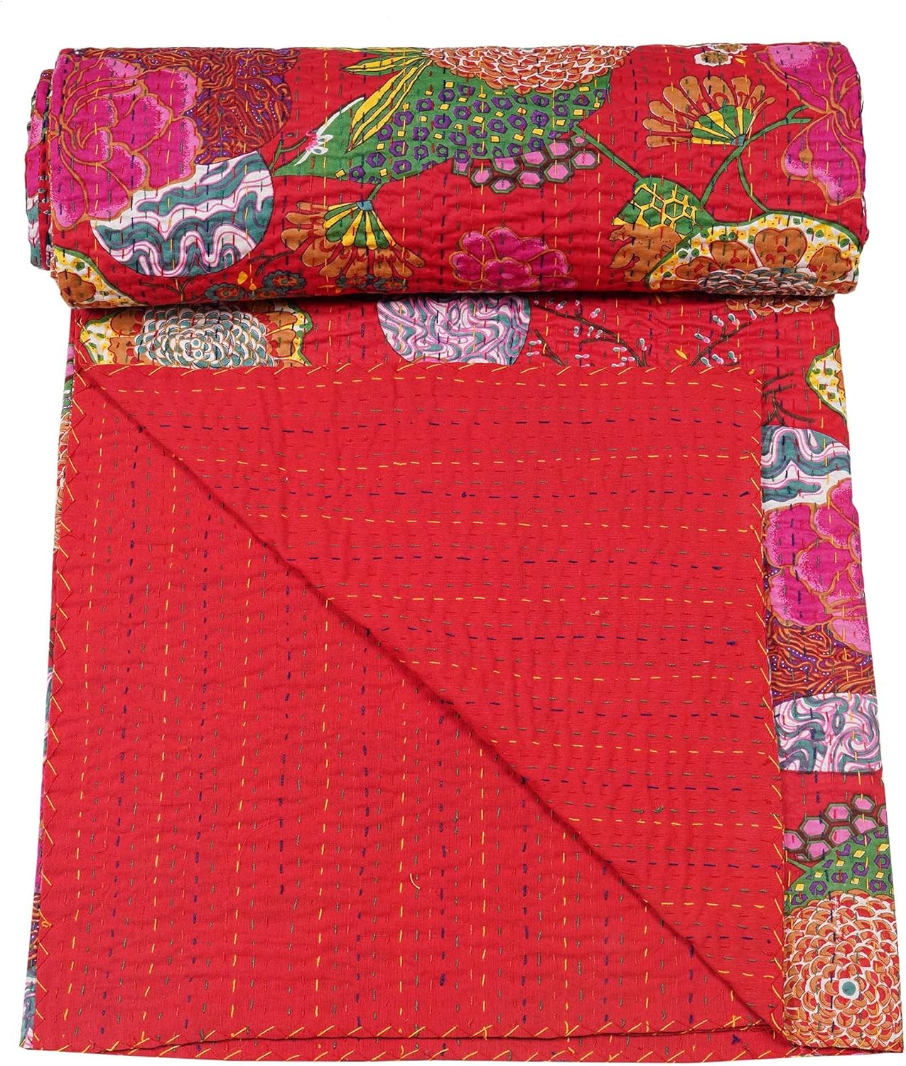 Colorful floral-patterned quilt on a red background