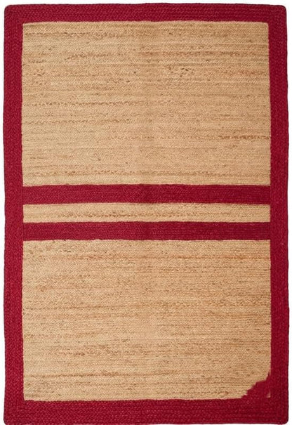 Natural Jute Area Rug with red border and beige woven jute floor carpet rug rectangle