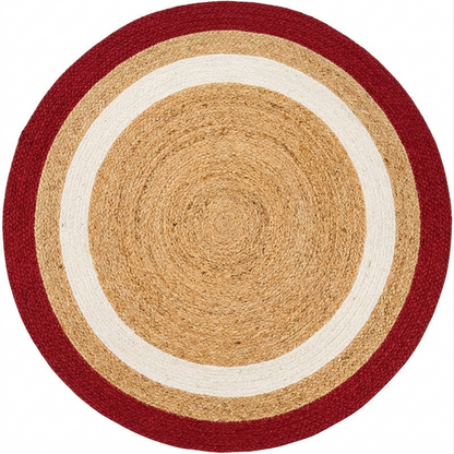 Natural Jute Area Rug round rug with red, cream, and tan braided jute rings, textured