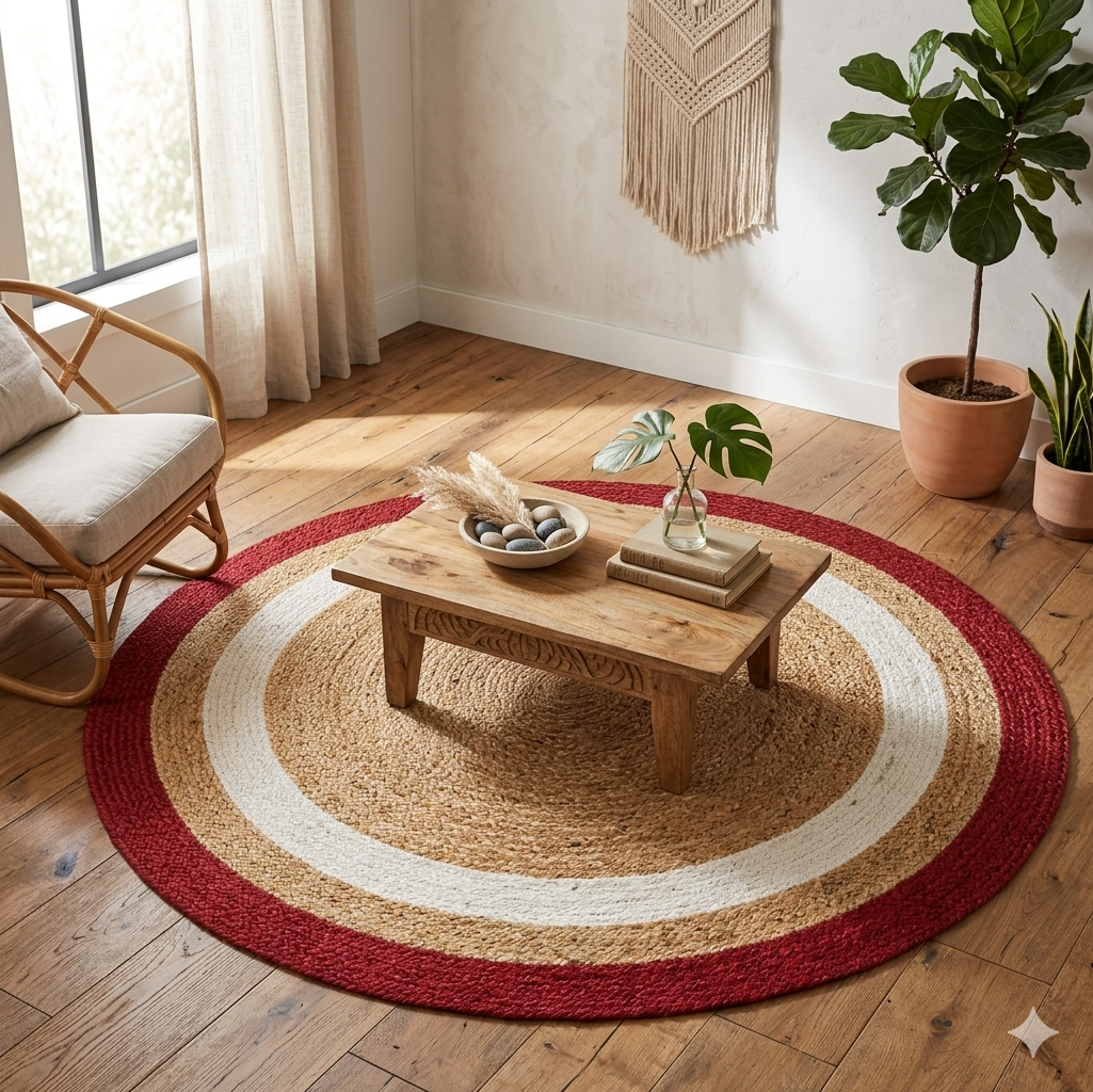 Natural Jute Area Rug Round Rug red beige and white concentric circles on wooden floor in living room