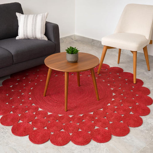 Natural Jute Area Rug in vibrant red with scalloped edges, perfect for adding warmth to any living space.