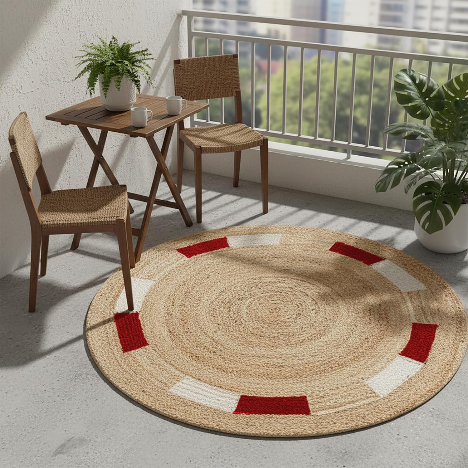 Round woven jute area rug with red and white accents, perfect for outdoor balcony decor.