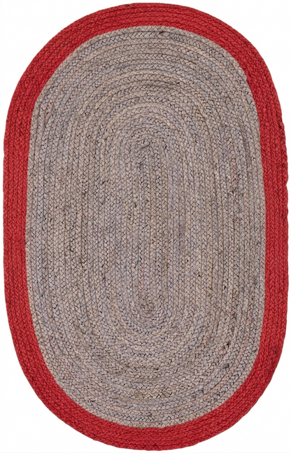Oval-shaped rug with red border and gray center