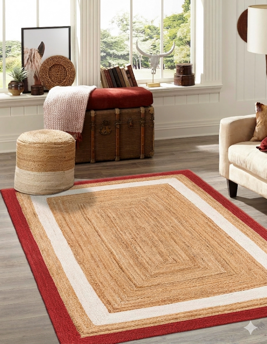 Living room with a jute rug, ottoman, and armchair.