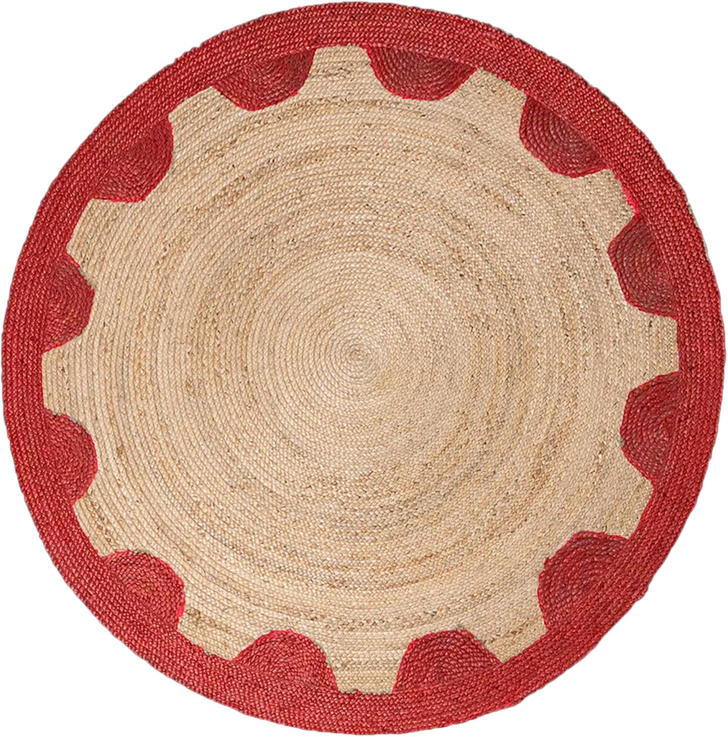 Natural Jute Area Rug with red scalloped edges, suitable for living room or entryway decor.