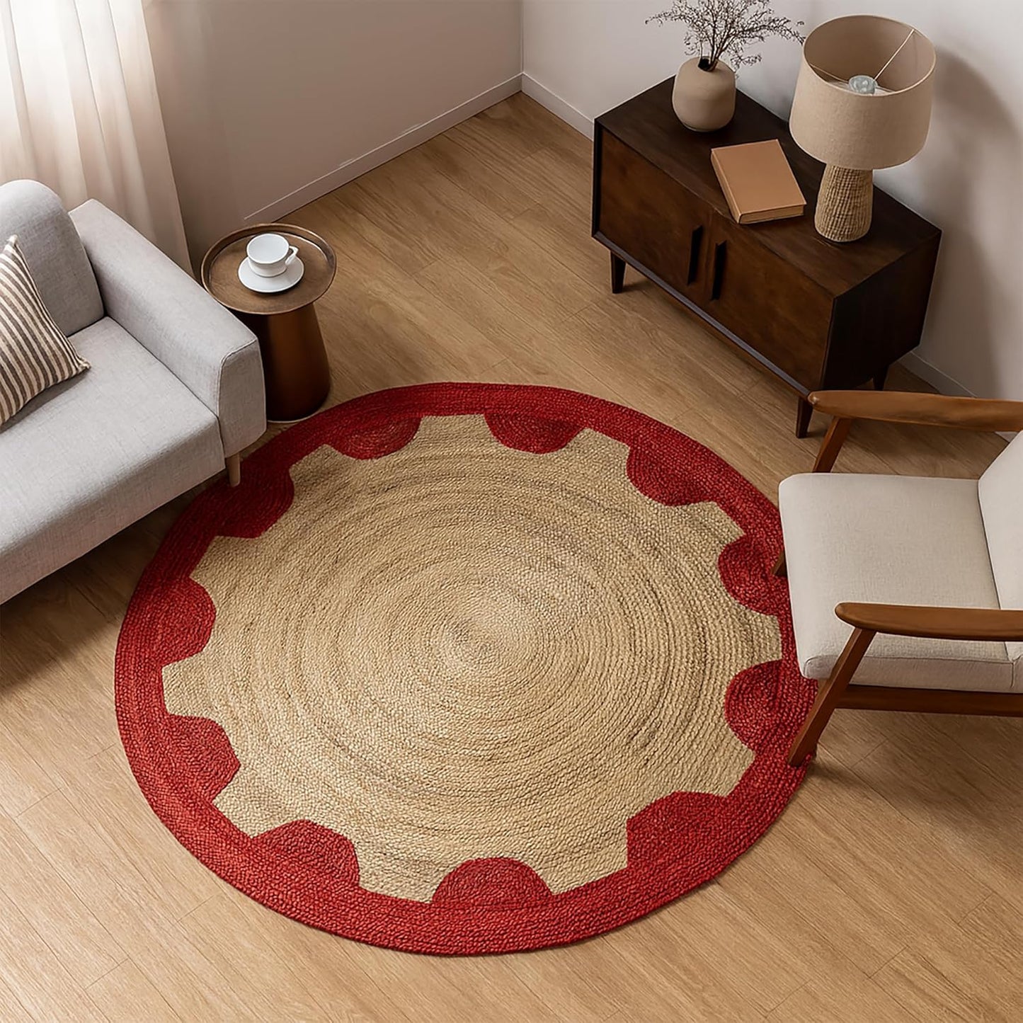 Natural Jute Area Rug with a red scalloped border, perfect for living room or entryway decor.