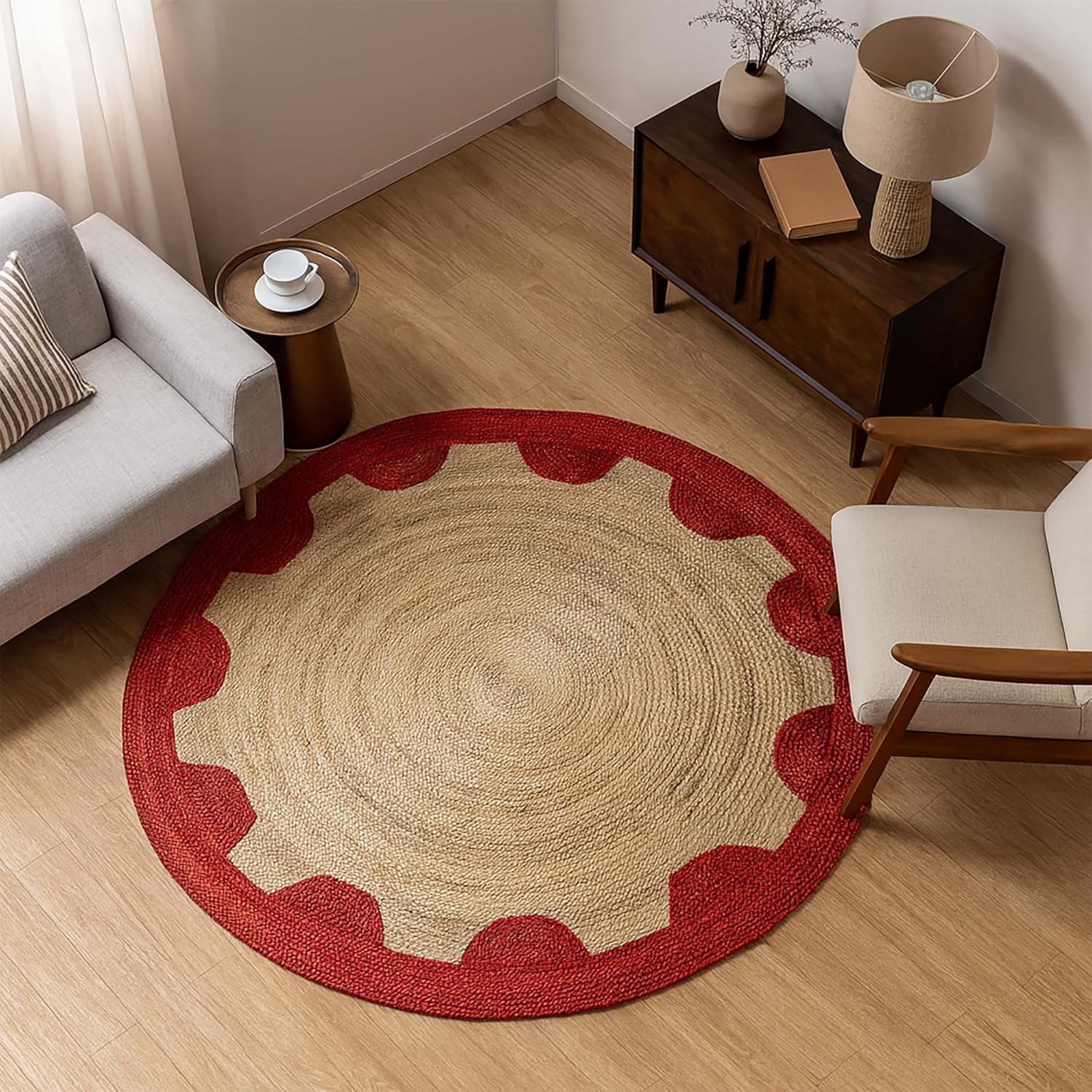 Natural Jute Area Rug with a red scalloped border, perfect for living room or entryway decor.