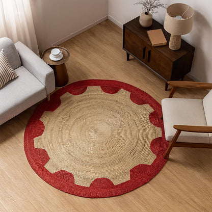 Natural Jute Area Rug with a red scalloped border, perfect for living room or entryway decor.
