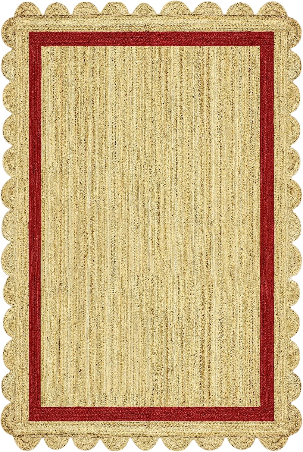 Natural Jute Area Rug with a scalloped red border, ideal for enhancing entryways or living spaces with a warm touch.