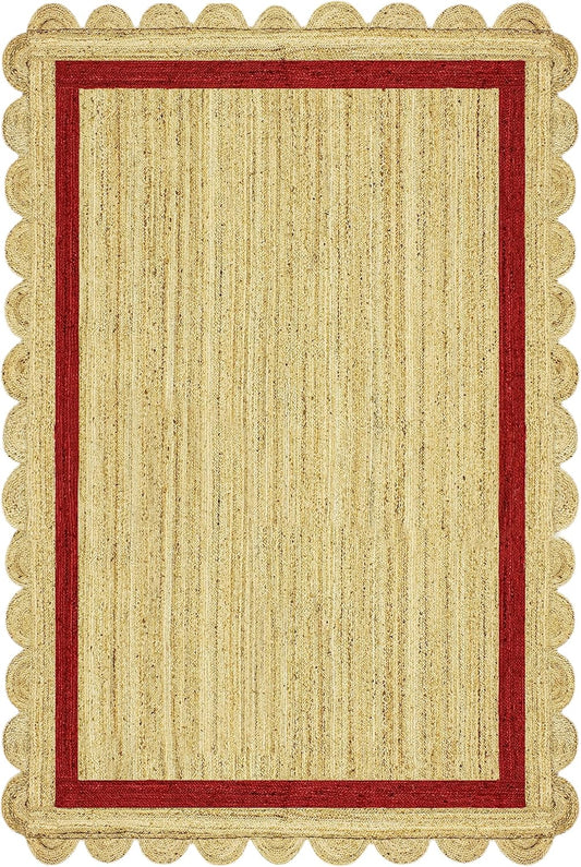 Natural Jute Area Rug with a scalloped red border, ideal for enhancing entryways or living spaces with a warm touch.