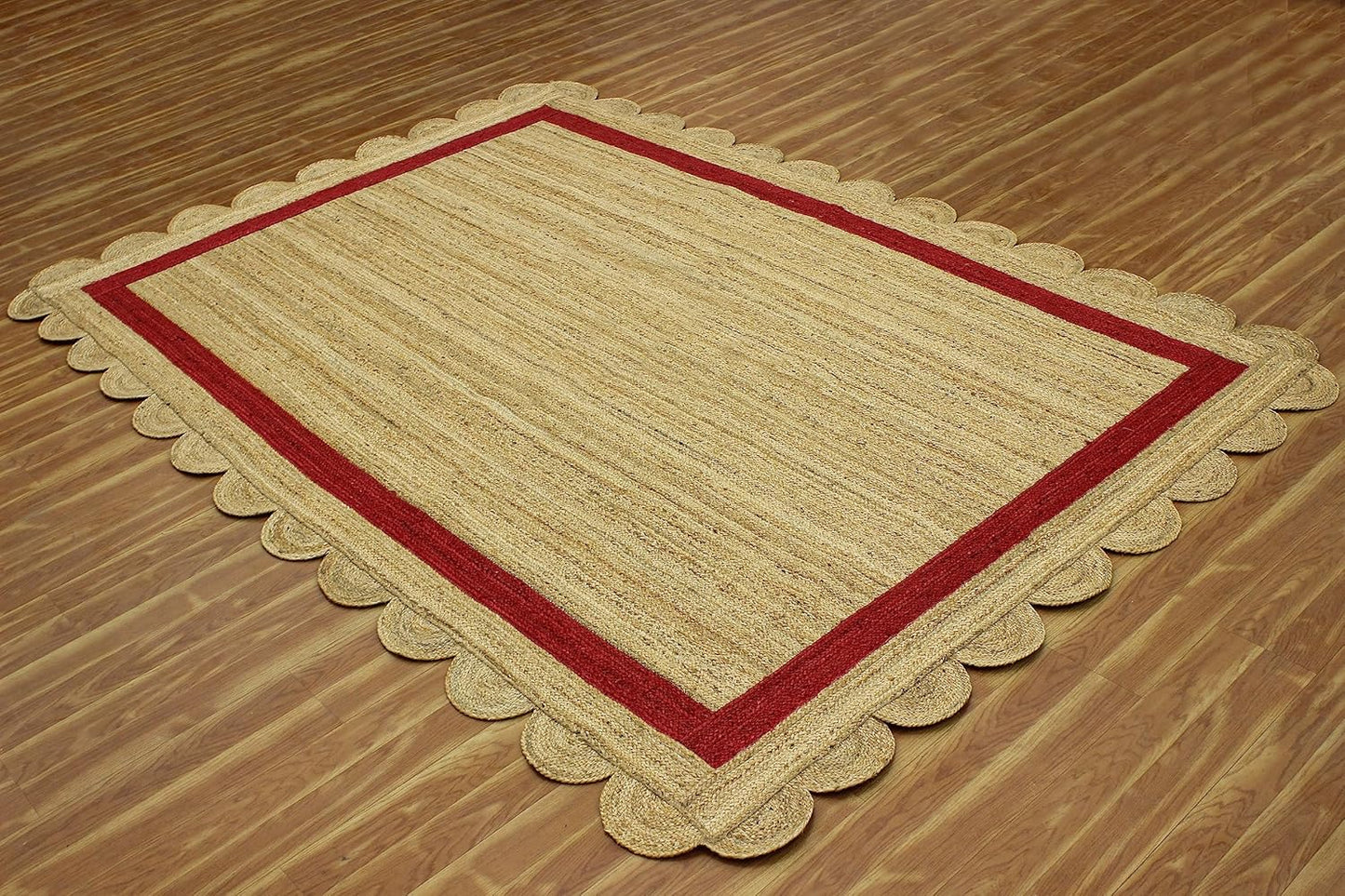 Natural Jute Area Rug with scalloped edges in earthy tones — perfect for adding texture to any living space.