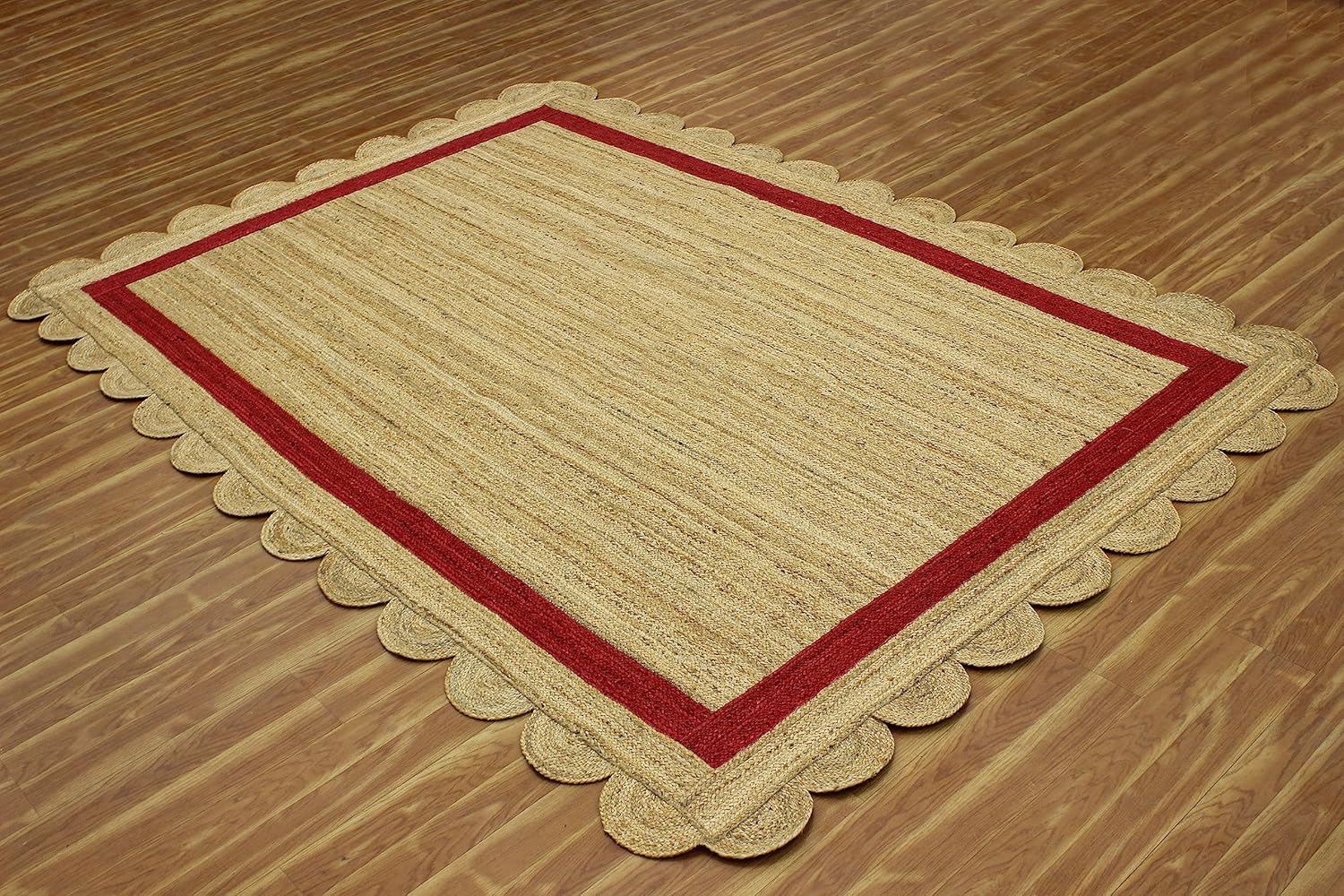 Natural Jute Area Rug with scalloped edges in earthy tones — perfect for adding texture to any living space.