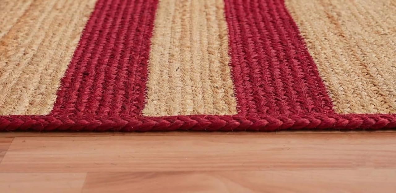 Bed Side Runner in natural jute with beige and burgundy striped woven texture carpet