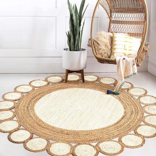 Natural Jute Area Rug with a scalloped edge — perfect for adding a touch of bohemian charm to your living space.