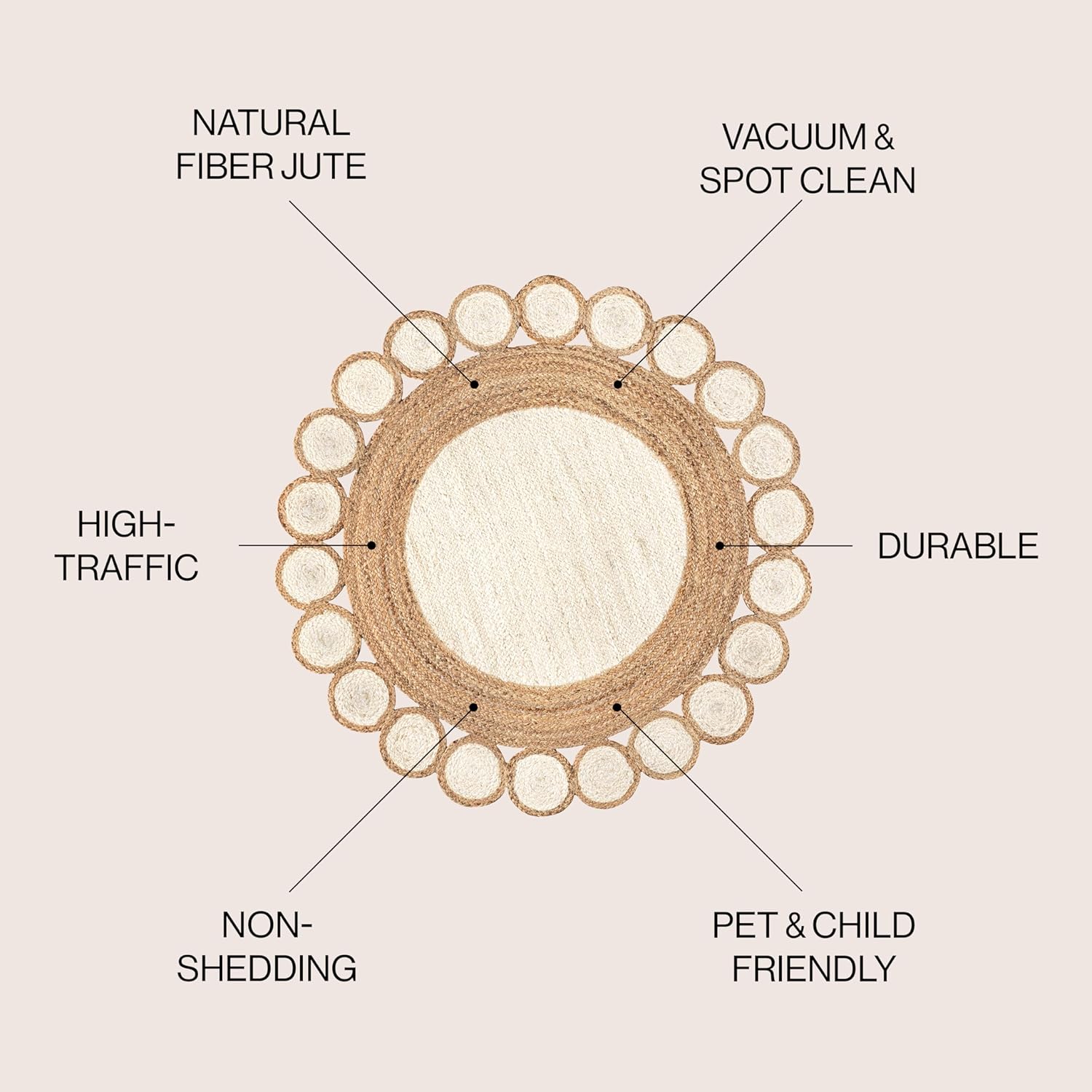Natural Jute Area Rug featuring a scalloped design, perfect for high-traffic areas with a durable and eco-friendly finish.
