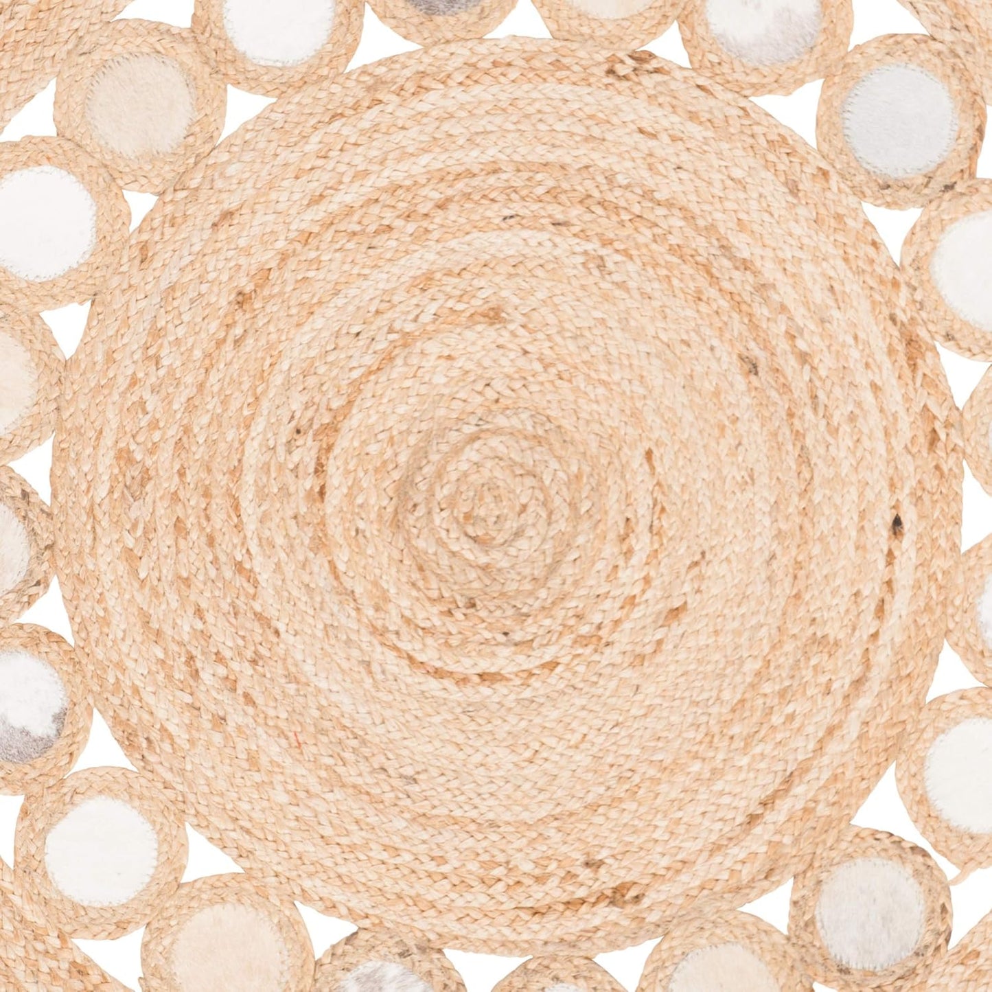 Natural Jute Area Rug featuring a circular design with textured fibers and a bohemian style, ideal for any living space.