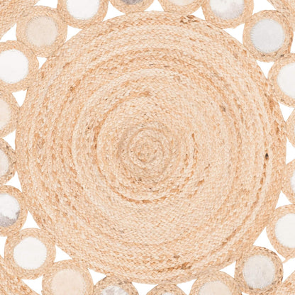 Natural Jute Area Rug featuring a circular design with textured fibers and a bohemian style, ideal for any living space.