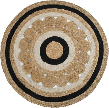 Natural Jute Area Rug featuring a round design with intricate black and cream patterns — perfect for enhancing any living space.