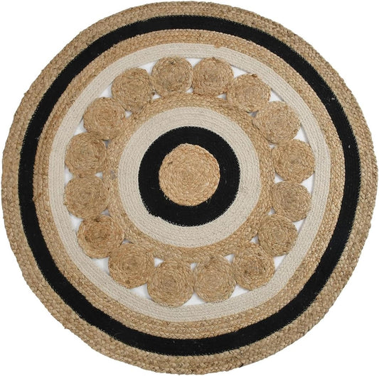 Natural Jute Area Rug featuring a round design with intricate black and cream patterns — perfect for enhancing any living space.