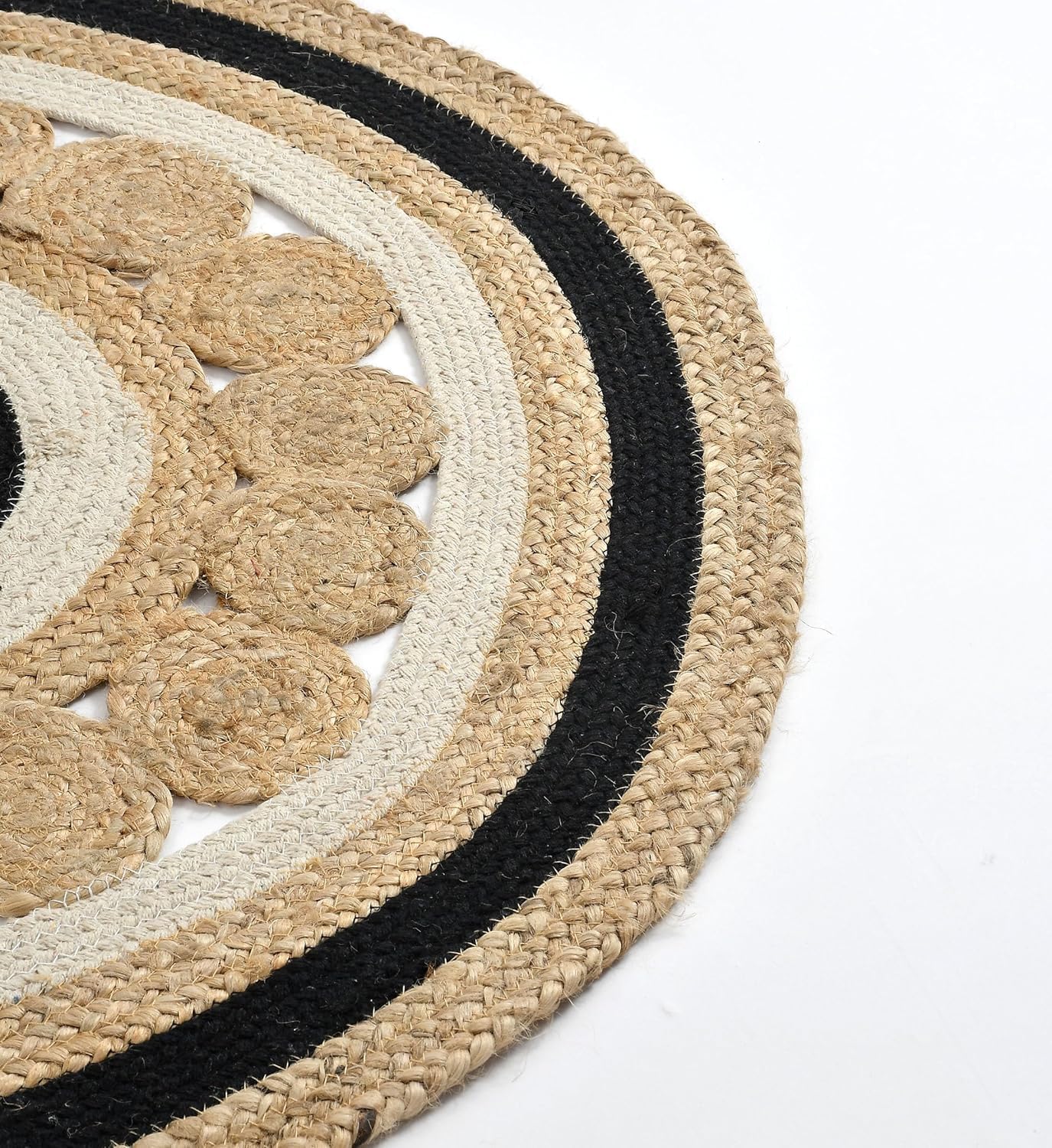 Natural Jute Area Rug featuring a round design with scalloped edges and contrasting black accents for a bohemian touch.