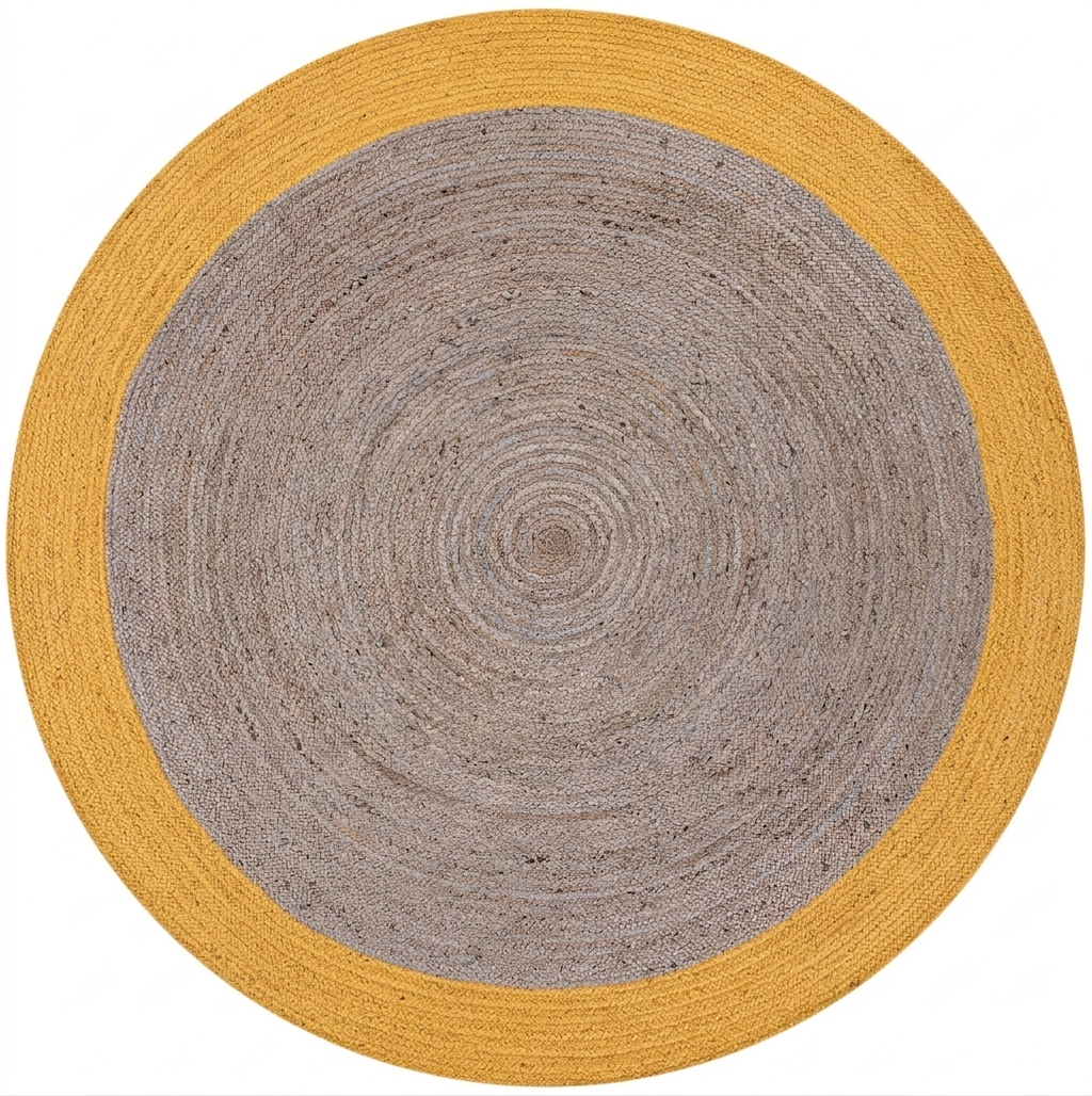 Round rug with concentric circle pattern in gray and yellow on a white background