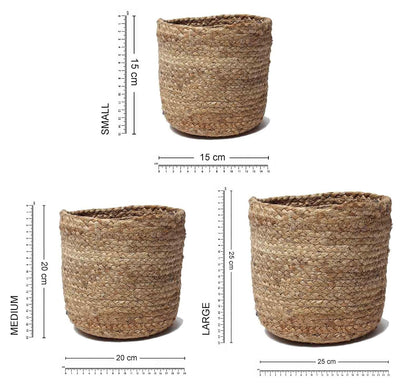 Rustic handmade jute basket set for decorative storage, laundry organization, toy storage, and farmhouse home decor accents.