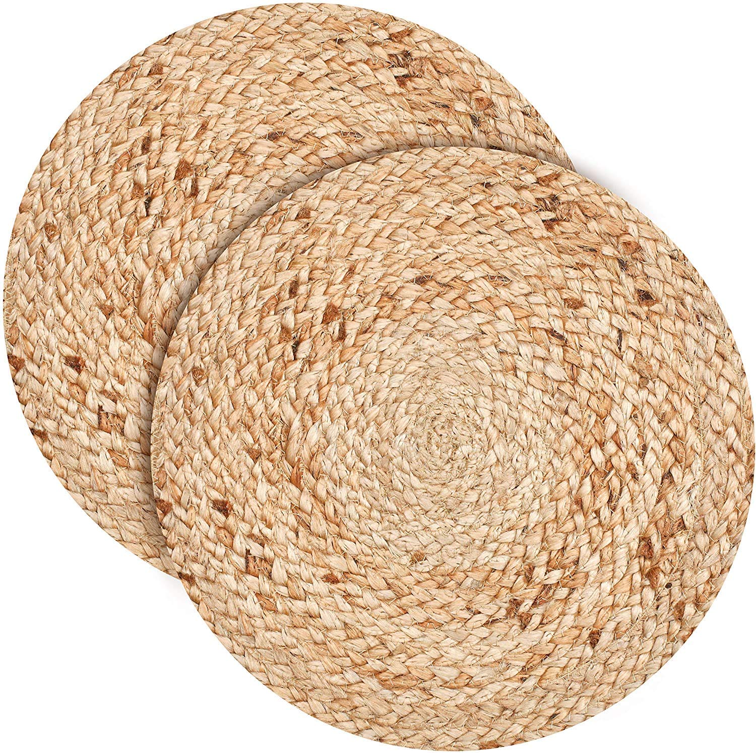 Rustic woven jute table mat paired with elegant dinnerware and candle decor for a cozy and sophisticated dining experience.