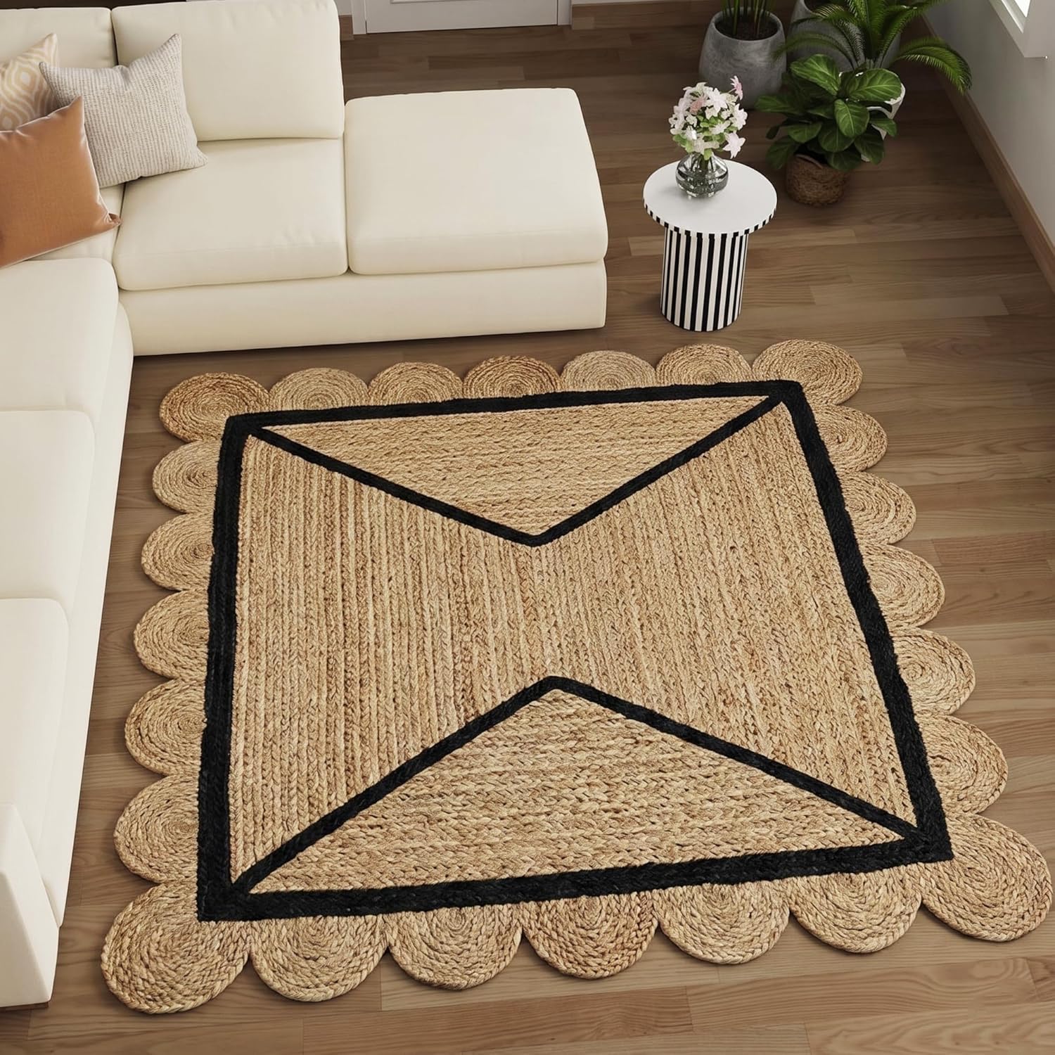 Natural Jute Area Rug with scalloped edges in a square shape, ideal for living room or entryway decor