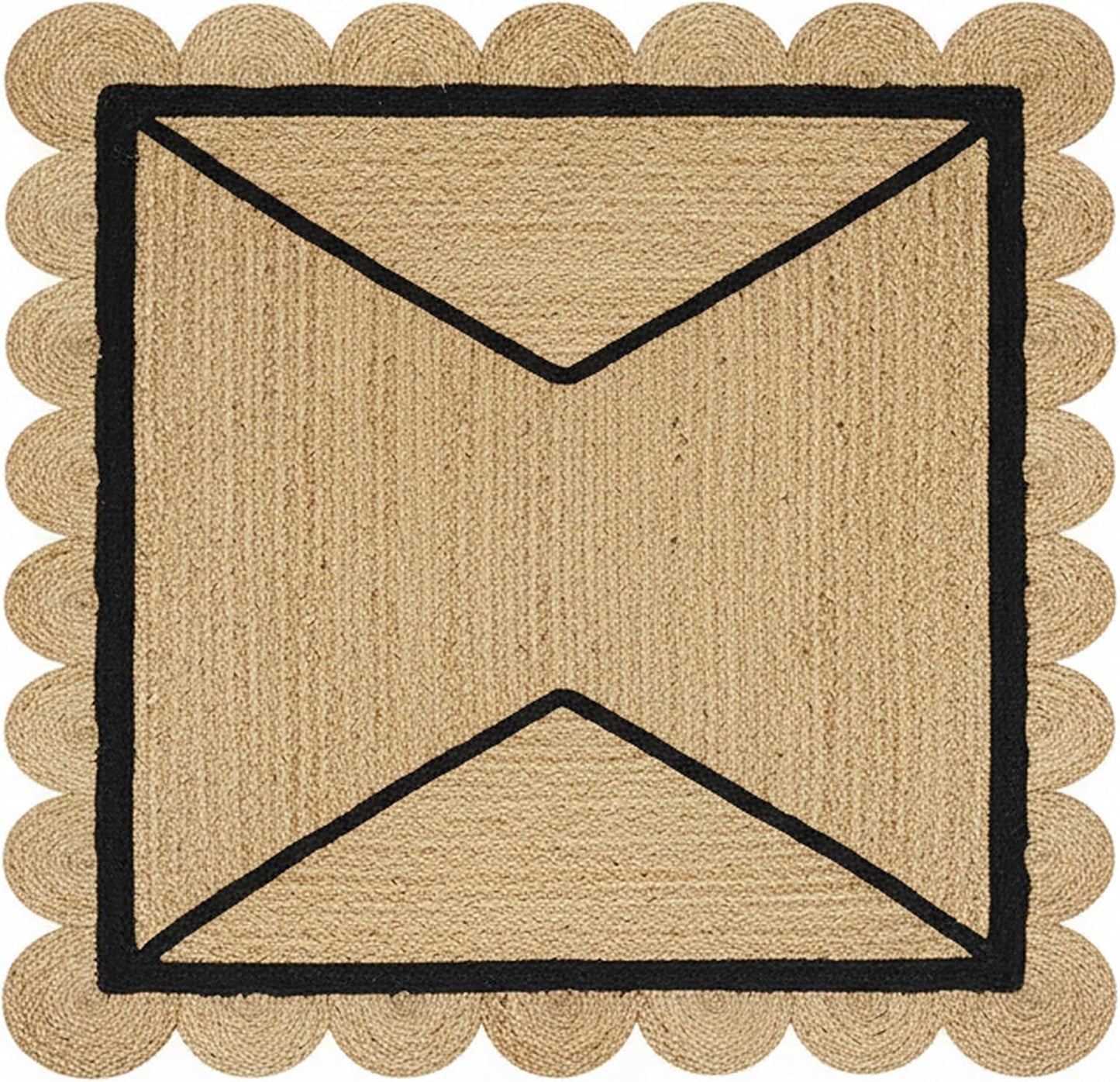 Natural Jute Area Rug with a scalloped border and geometric design in neutral tones for indoor or outdoor use.