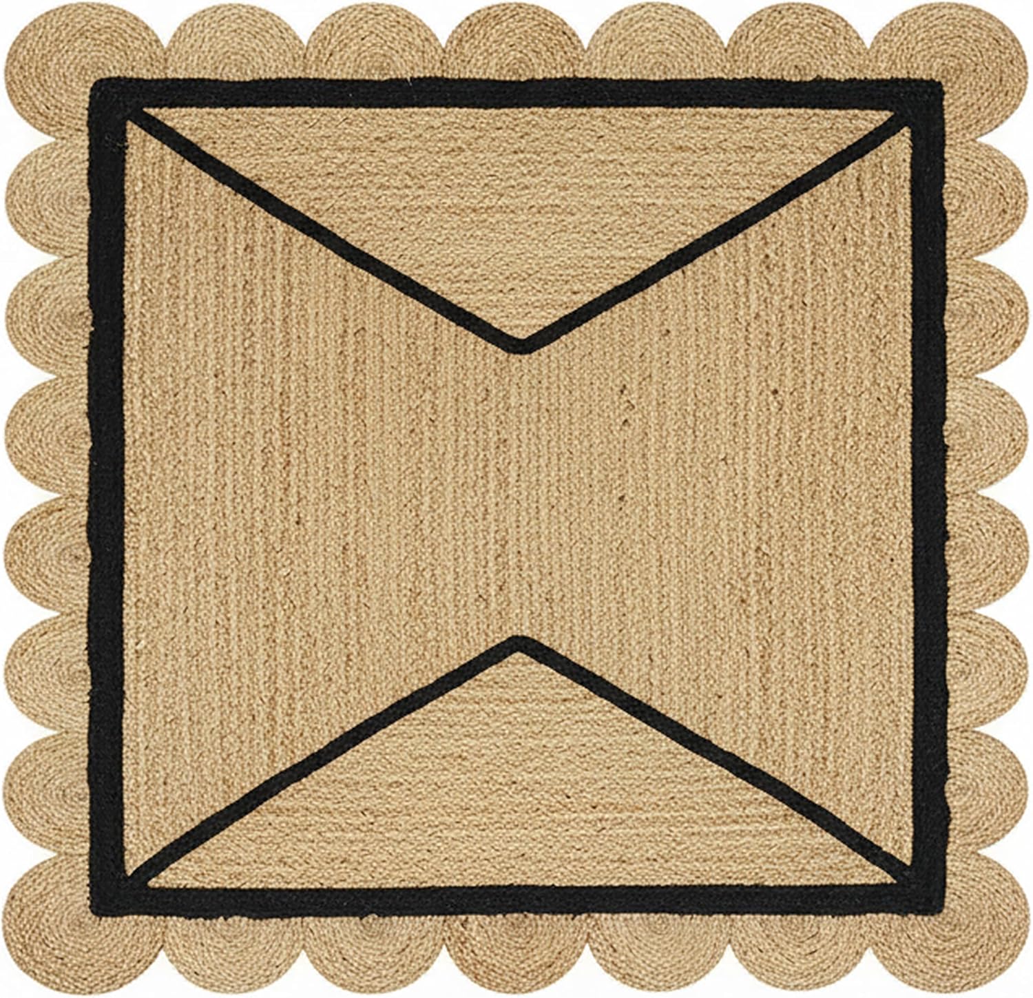 Natural Jute Area Rug with a scalloped border and geometric design in neutral tones for indoor or outdoor use.