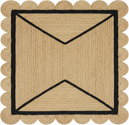 Natural Jute Area Rug with a scalloped border and geometric design in neutral tones for indoor or outdoor use.