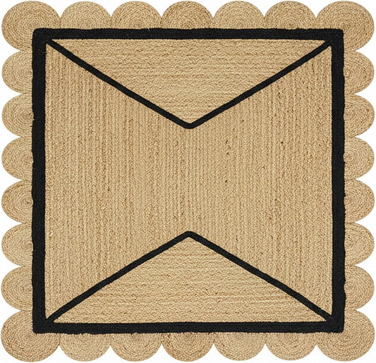 Natural Jute Area Rug with a scalloped border and geometric design in neutral tones for indoor or outdoor use.