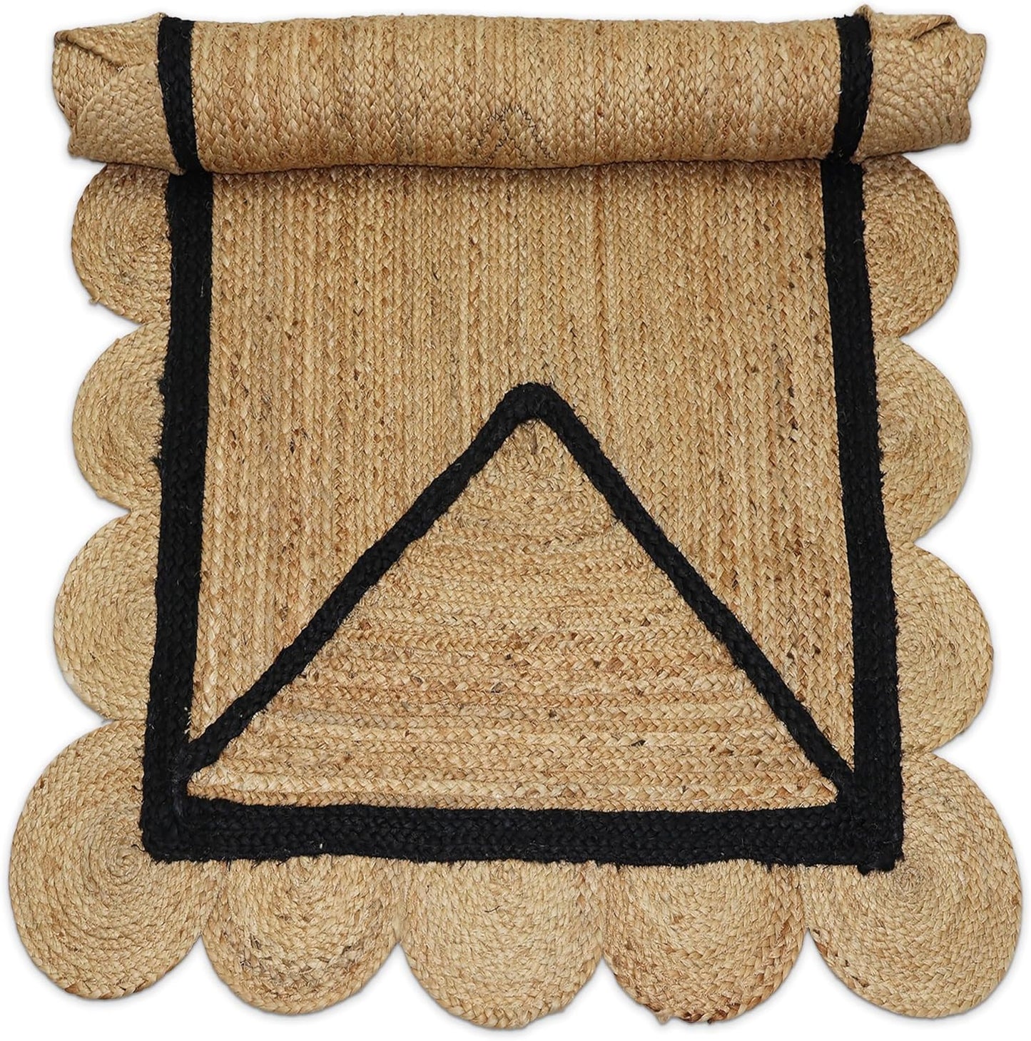 Natural Jute Area Rug with scalloped edges and a black border, suitable for indoor or outdoor use.