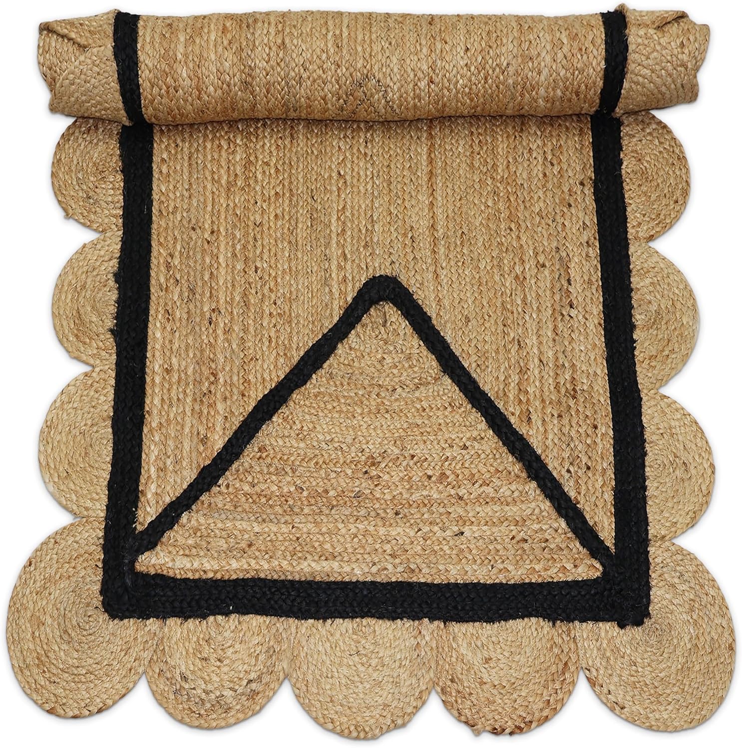 Natural Jute Area Rug with scalloped edges and a black border, suitable for indoor or outdoor use.