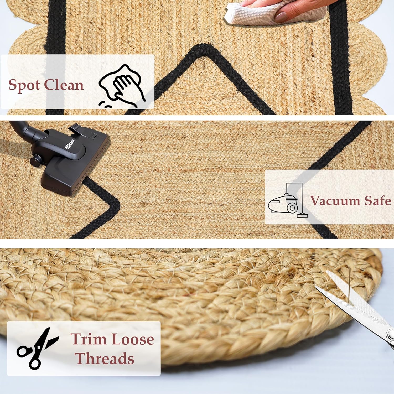 Natural Jute Area Rug with scalloped edges, suitable for indoor use, easy to vacuum and spot clean.