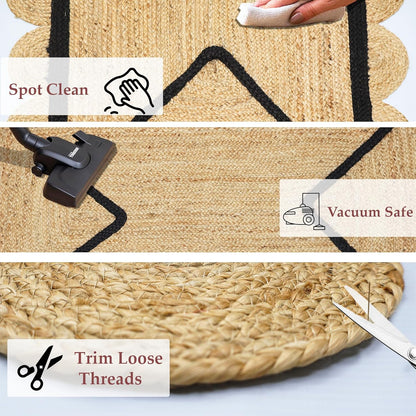 Natural Jute Area Rug with scalloped edges, suitable for indoor use, easy to vacuum and spot clean.