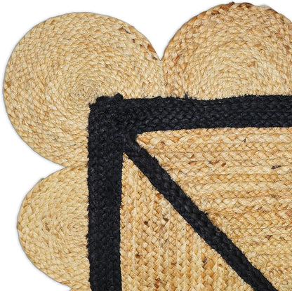 Natural Jute Area Rug with scalloped edges and black border, suitable for indoor or outdoor use.