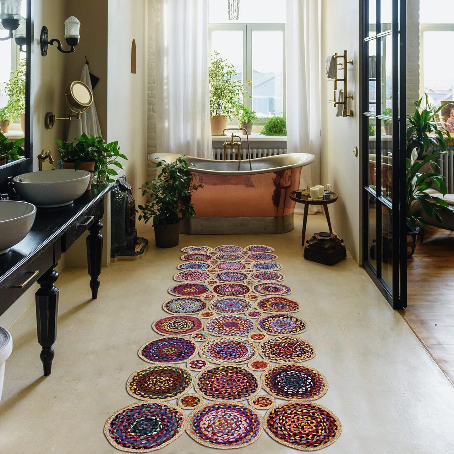 Handmade Multicolor Braided Round Jute Rug Runner Boho Hallway Rug Farmhouse Entryway Rug Colorful Natural Fiber Floor Runner