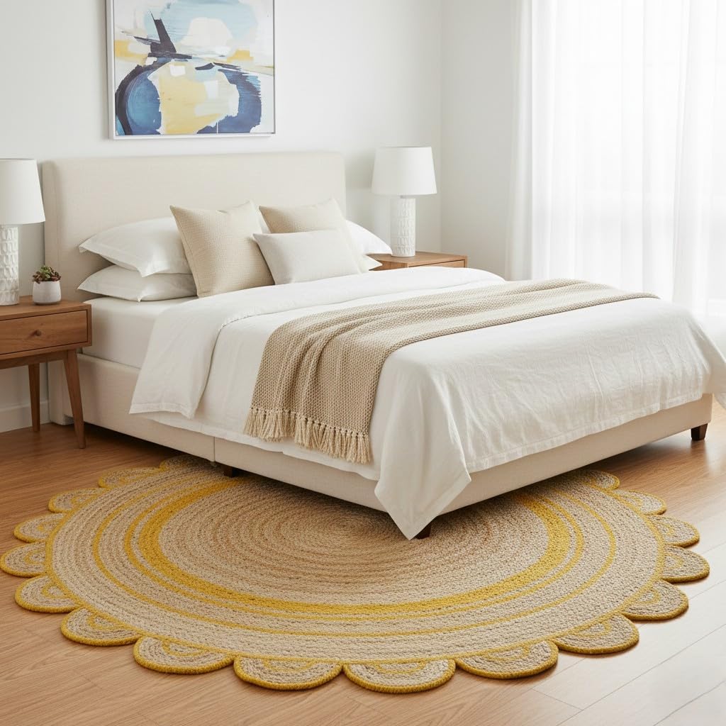Natural Jute Area Rug in a scalloped design, enhancing a cozy bedroom with warm tones and soft textures.