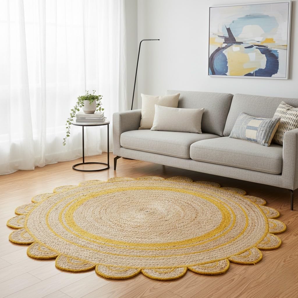 Natural Jute Area Rug with a scalloped design, enhancing a cozy living space with its earthy texture and warm tones.