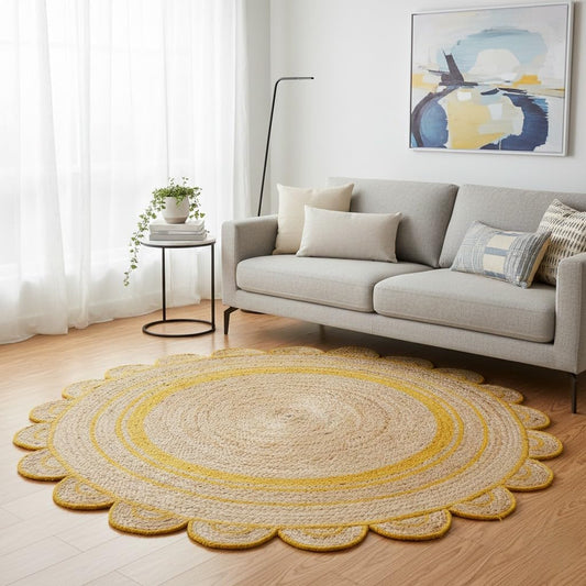 Natural Jute Area Rug with a scalloped design, enhancing a cozy living space with its earthy texture and warm tones.