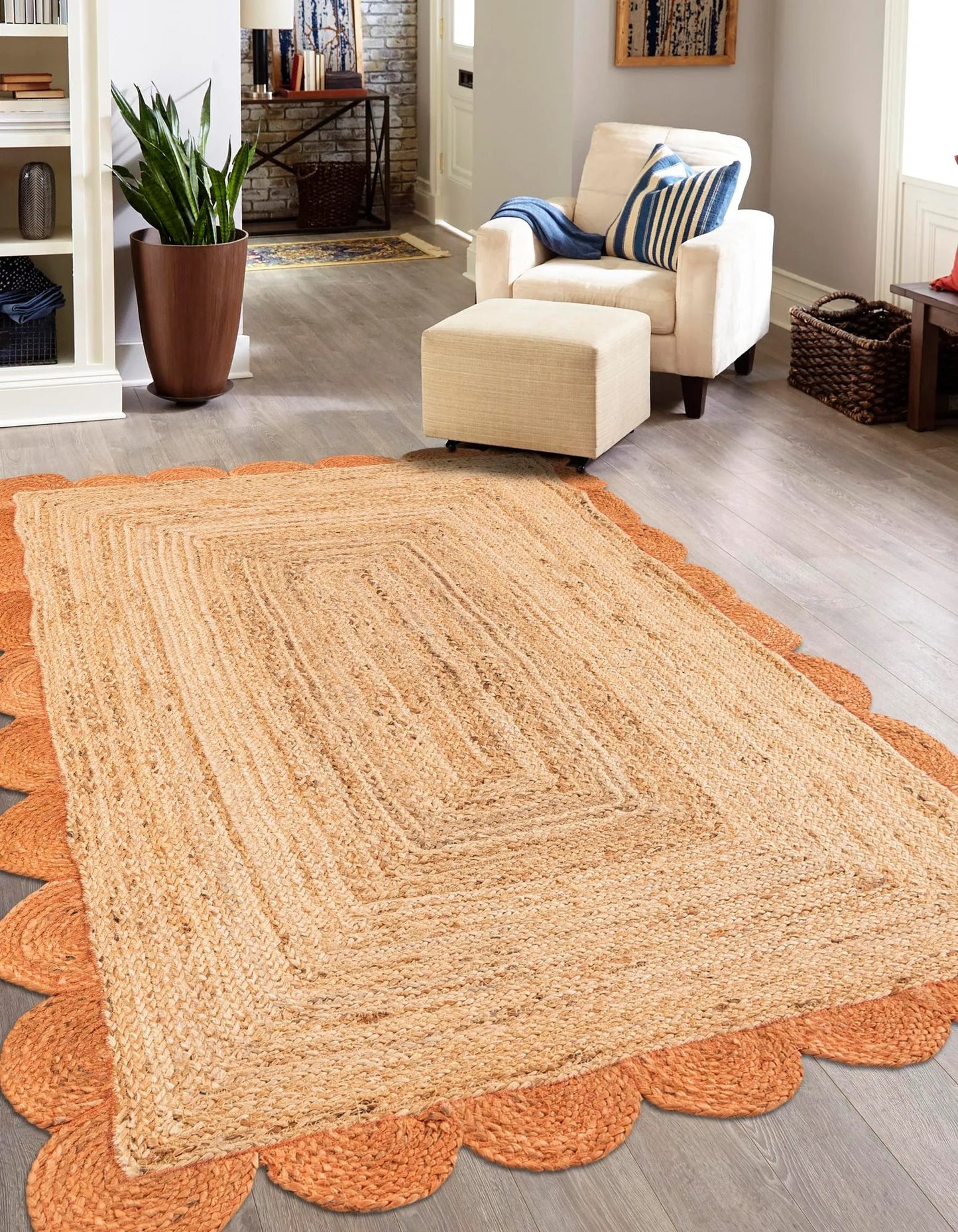 Beige braided rug on a wooden floor with a living room in the background