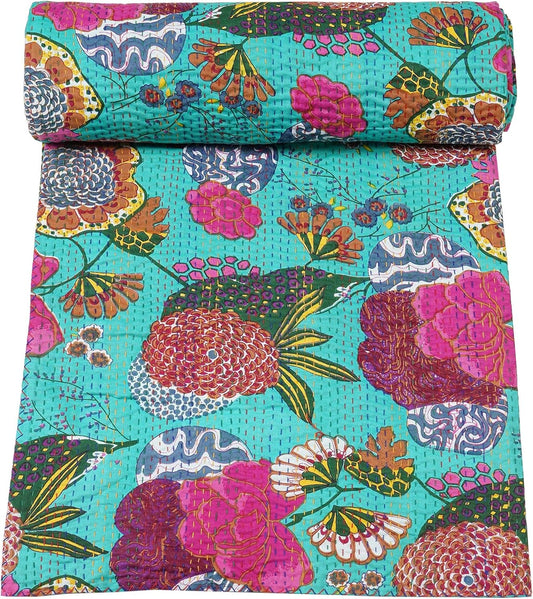 Handmade sea green kantha quilt with colorful floral patterns on soft cotton fabric
