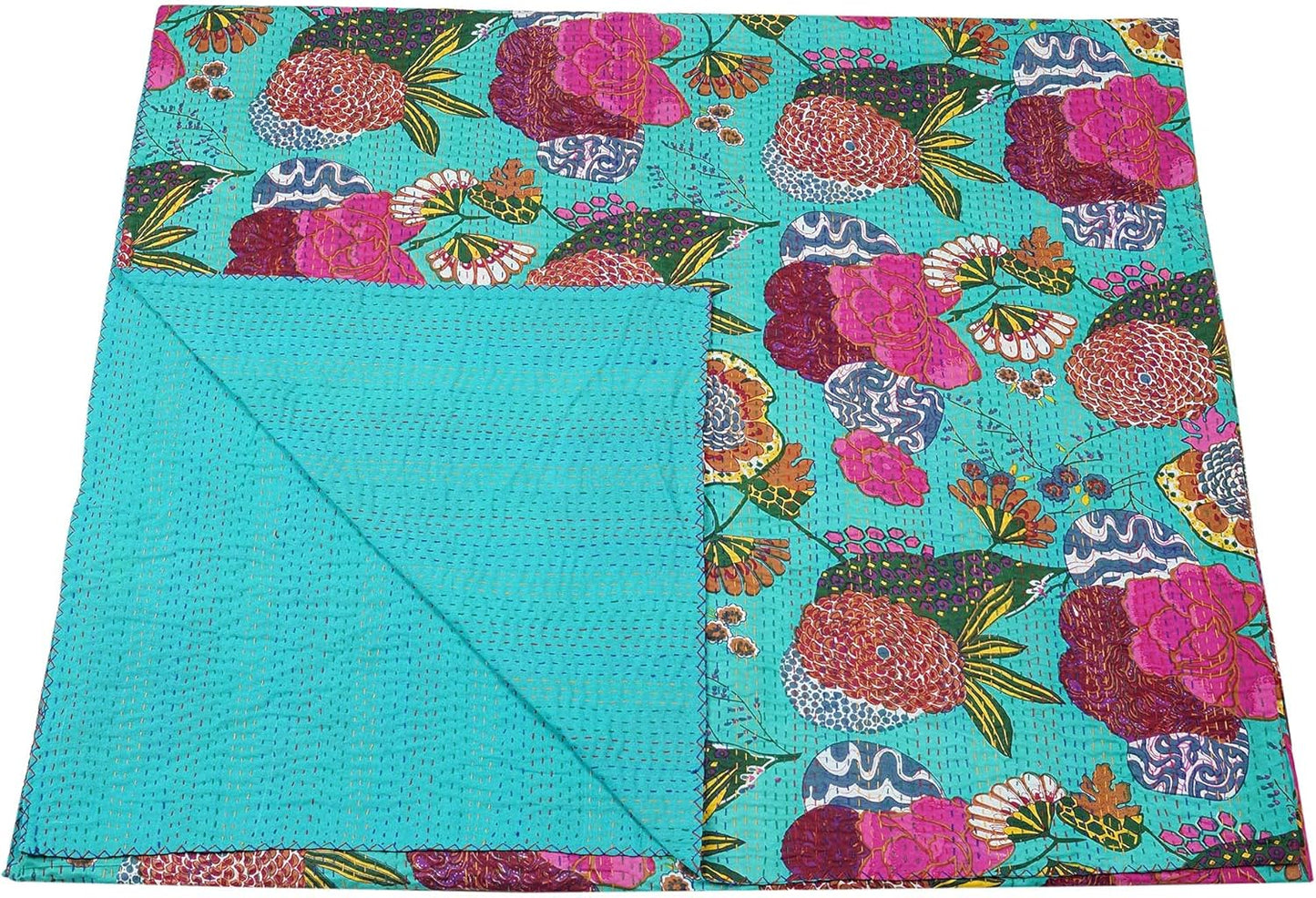Sea green Kantha quilt by Handmade, with a floral pattern and boho vintage blanket style.