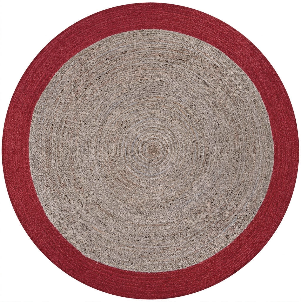 Round rug with red border and gray center on a white background