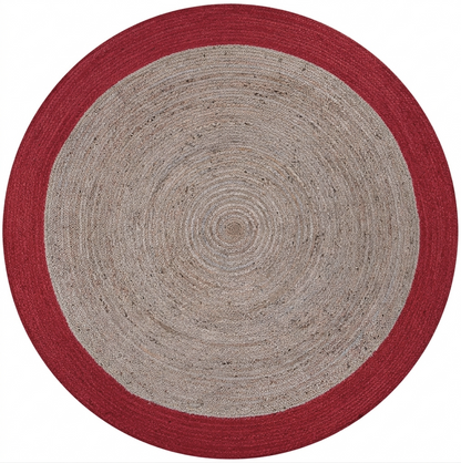 Round rug with red border and gray center on a white background