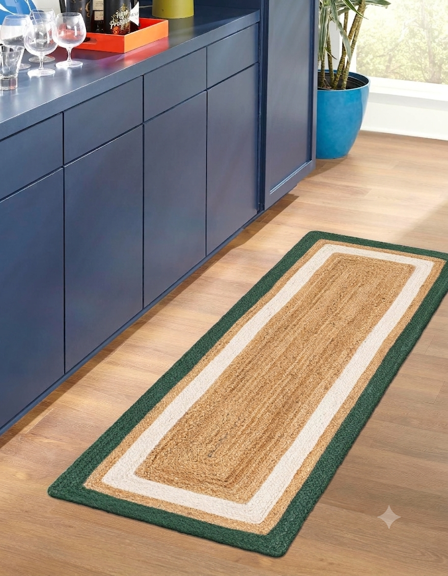 Green border Bed Side Runner with Natural Jute Area Rug center, indoor floor carpet on wooden floor