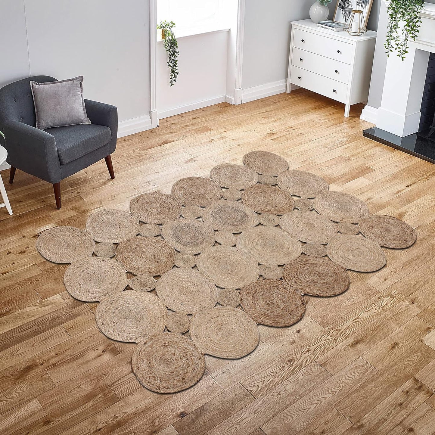 Natural Jute Area Rug featuring a unique round design—handmade jute adds texture to any living space.